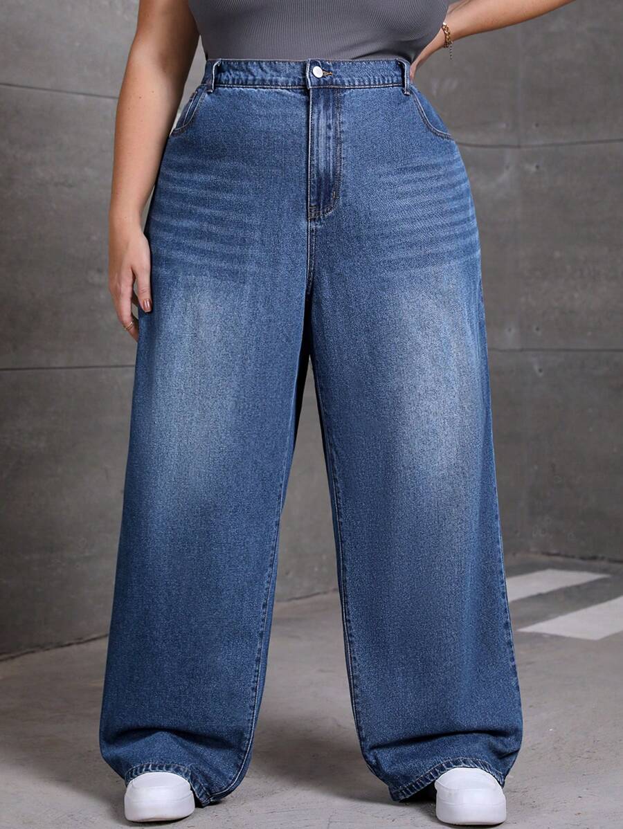 SHEIN CURVE+ Old Money Plus Size Denim Non-Stretch Fashion Straight Pants - Blue - View 1