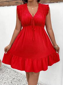 Sunserae Pure Plus Size Holiday Casual Solid Color Halter Neck Ruffled Waist Sleeveless Dress For New Year Clothes - Red - View 5