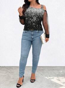 SHEIN Clasi Plus Size Women Summer Printed Mesh Contrast Asymmetric Collar Elegant Top With Long Sleeves