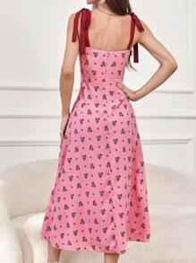 Modelyn Women's Tie Strap High Waist Summer Sundress With Ditsy Floral - Pink - View 2