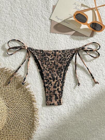 SHEIN Swim Quần bikini đi biển mùa hè họa tiết da báo có dây buộc bên hông dành cho nữ, in ngẫu nhiên