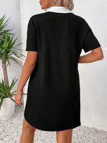 SHEIN LUNE Vestido corto recto negro sencillo de verano con cuello blanco y diseño de bloque de color, ropa cómoda para mujeres - Negro - Ver 6