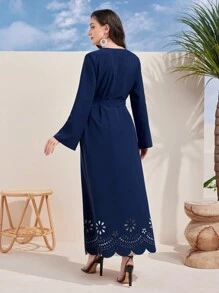 Al Najma Solid Color Belted Long Sleeve Elegant Arabic Abaya, Travel Abaya - Blue - View 2