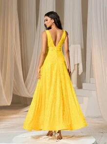 Đầm Lộ Lưng Dây kéo màu trơn Buổi tiệc - Màu vàng - Xem 2