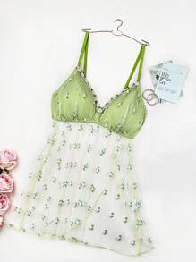 Mesh Embroidered Plus Size Sexy Lingerie Dress + Thong Set - Olive Green - View 4