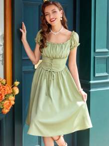 SHEIN DECDS Vestido elegante vintage para mujer, corte holgado, cuello cuadrado, mangas abullonadas, pliegues, volantes, cinturón en la cintura, lazo cruzado, lazo, vestido verde agua tipo paraguas para primavera/verano, estilo Bridgerton, vestido casual, vestido largo, vestido tipo lechera, vestidos de verano para mujer, ropa de otoño, ropa de vuelta al colegio, vestido para concierto - Verde - Ver 2