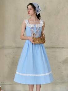 Simple Retro 女式對比花邊方領裙（前胸對稱褶皺、隨機剪裁腰線、前後腰部綻放花紋） - 藍色 - 查看 1