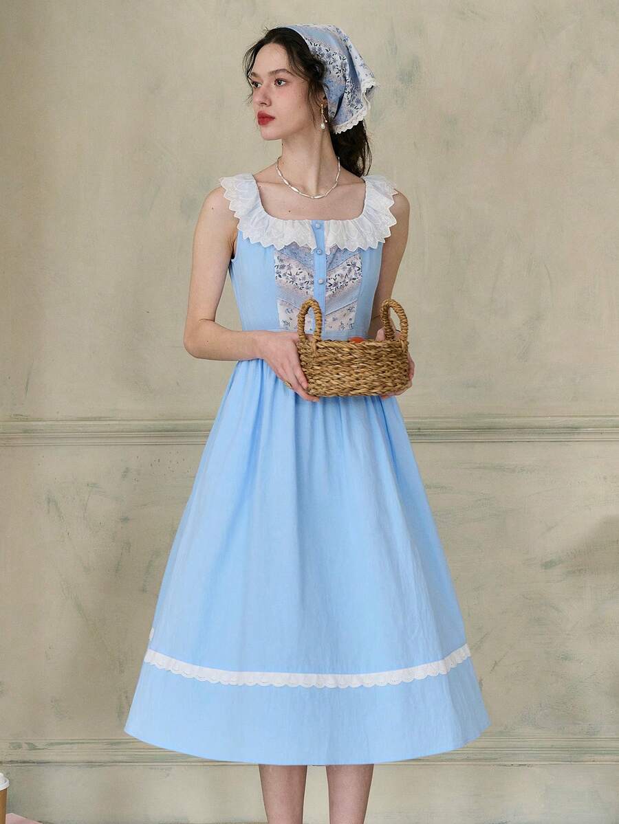 Simple Retro 女式對比花邊方領裙（前胸對稱褶皺、隨機剪裁腰線、前後腰部綻放花紋） - 藍色 - 查看 1