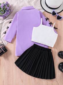 SHEIN 女孩通勤休閒時尚淺紫色西裝外套和裙子套裝
搭配經典的黑色百褶裙和白色短袖上衣，讓她的穿著風格更上一層樓。這款優雅時尚的服裝非常適合愛時尚和表達自我的孩子。 - 紫色 - 查看 2