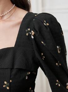Modelyn Ladies' Floral Printed Long Sleeve Square Neck Modest Dress - Black - View 7