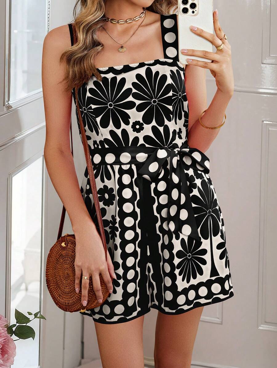 Selianne Ladies' Random Printed Square Neck Sleeveless Jumpsuit With Waist Belt, Summer - Black - View 1