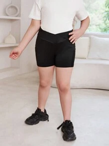 SHEIN Tween Girl Extended Size Sporty Knit Solid Color Shorts For Spring And Summer