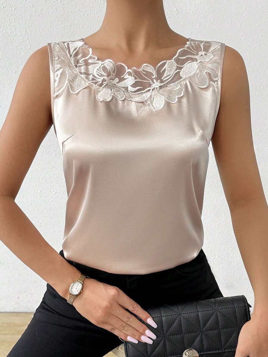 EMERY ROSE Women's Sleeveless Satin Patchwork Lace Blouse,Sleeveless Tops