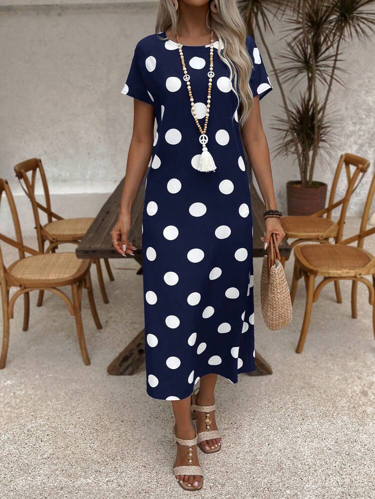 Women's Summer Polka Dot Pattern Print Round Neck Short-Sleeve Dress