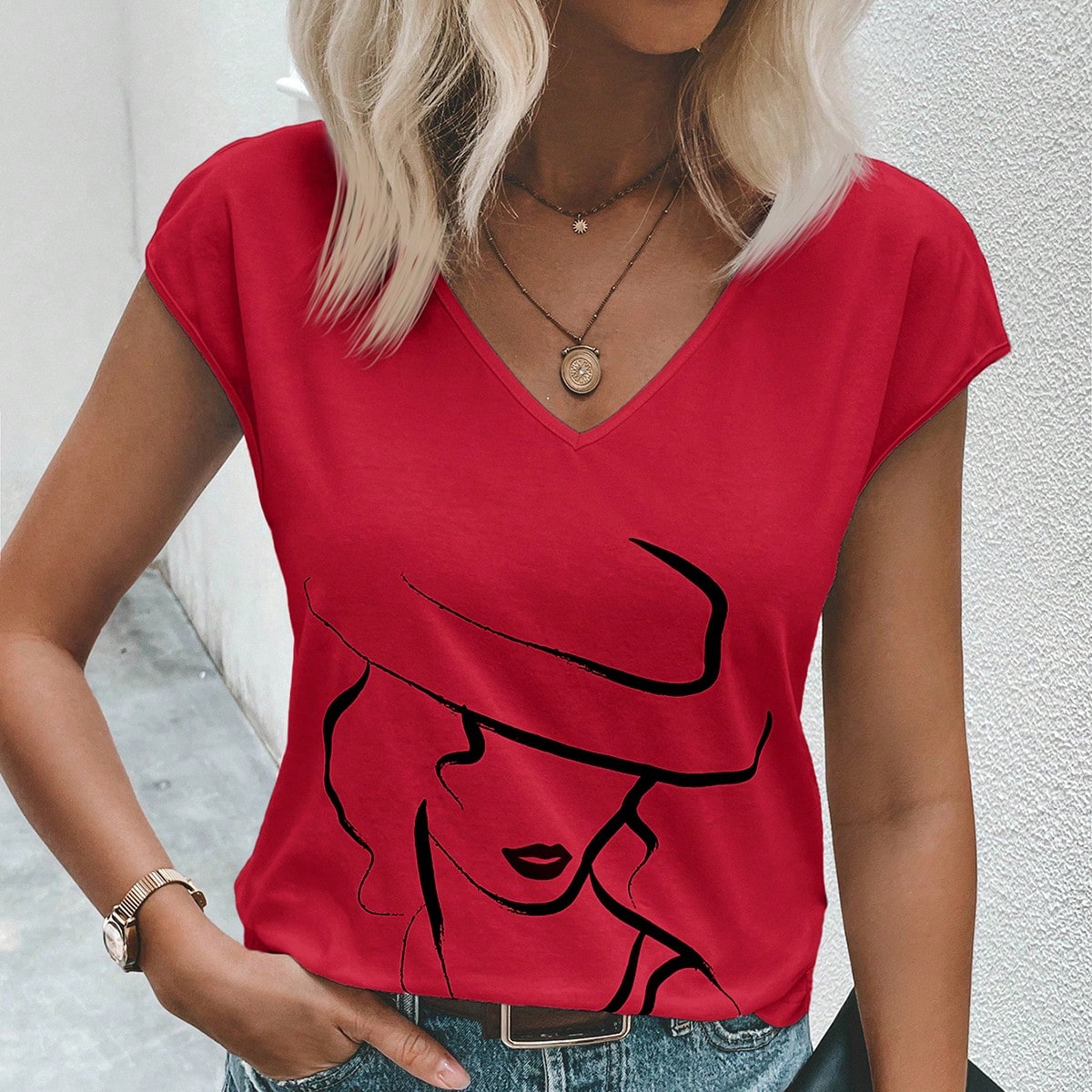 T-shirt d'été décontracté pour femmes, col en V, à manches courtes avec impression de personnage