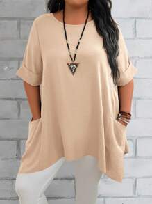 EMERY ROSE Camisas flojas para mamá de talla grande para mujer con cuello redondo azul de verano, manga corta y doble bolsillo - Albaricoque - Ver 3