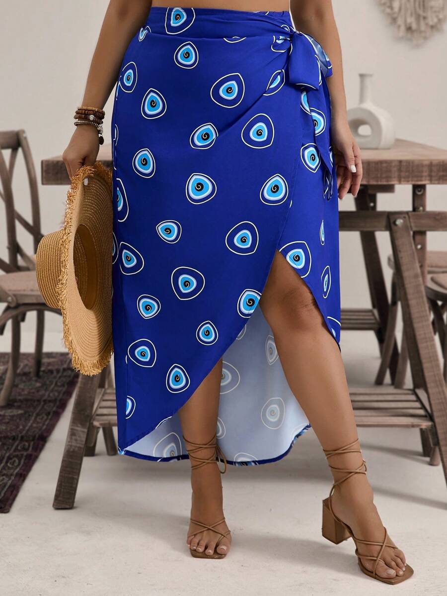 SHEIN VCAY Plus Size Allover Print Wrap Tie Beach Casual Skirt - Multicolor - View 1
