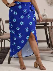 SHEIN VCAY Plus Size Allover Print Wrap Tie Beach Casual Skirt - Multicolor - View 4