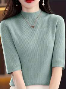 EMERY ROSE Women's Spring/Summer Casual Solid Color Stand Collar Short Sleeve Knitted Top - Green - View 4