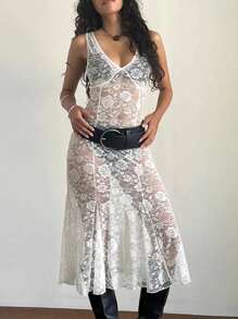 INAWLY Váy không tay đơn giản hàng ngày màu trơn dành cho nữ với chi tiết tuyệt đẹp - trắng - Xem 1