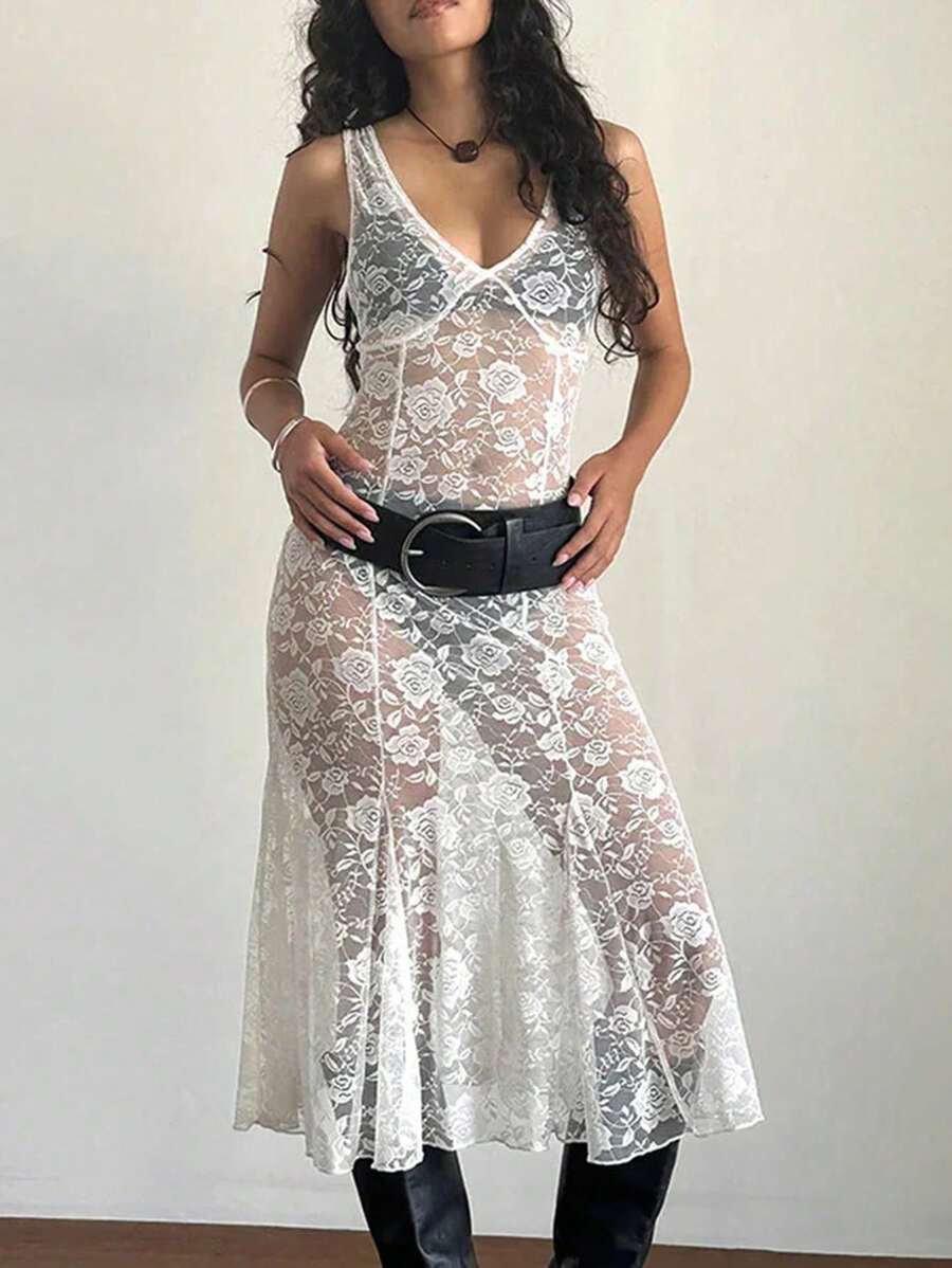 INAWLY Váy không tay đơn giản hàng ngày màu trơn dành cho nữ với chi tiết tuyệt đẹp - trắng - Xem 1