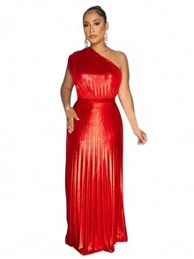 Women's Summer Asymmetrical Neck Party Pleated Maxi Dress - Red - View 5