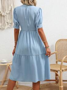 Breezaya Women's Vacation Casual Criss-Cross Strap Puff Sleeve Dress - Light Wash - View 2