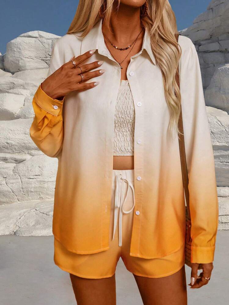 Women's Gradient Long Sleeve Shirt & Shorts Set With Solid Color Bralette Top, Casual Holiday Outfit