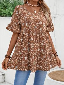 EMERY ROSE Women's V-Neck Printed Ruffle Hem Summer Vacation Blouse - Multicolor - View 4