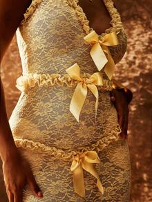 Bowknot Decorated Sleeveless Lace Dress With High Side Split, Perfect For Cocktail Party - Apricot - View 6