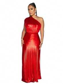 Women's Summer Asymmetrical Neck Party Pleated Maxi Dress - Red - View 6