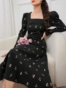 Modelyn Ladies' Floral Printed Long Sleeve Square Neck Modest Dress - Black - View 5