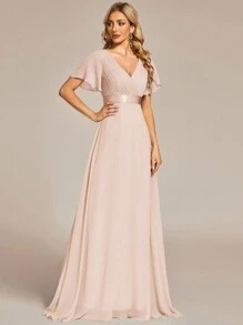 EVERPRETTY Elegant V-Neck Ruffle Butterfly Sleeve Champagne Bridesmaid Dress, Wedding Guest Dress, Spring/Summer Formal Dress For Wedding, Birthday Party, Graduation - Champagne - View 10