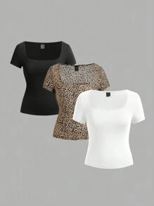 Comfortcana 3pcs Women Short Sleeve Leopard Print Cropped Tight Casual T-Shirts, Summer Pullover Suitable For Going Out - Multicolor - View 3