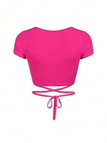 SHEIN ICON 女士夏季實色交叉式下擺單排扣短袖露腰T恤