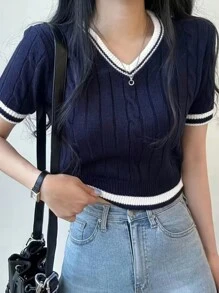 INAWLY Plus Size Color Block Short Sleeve Knit Top For Casual Summer