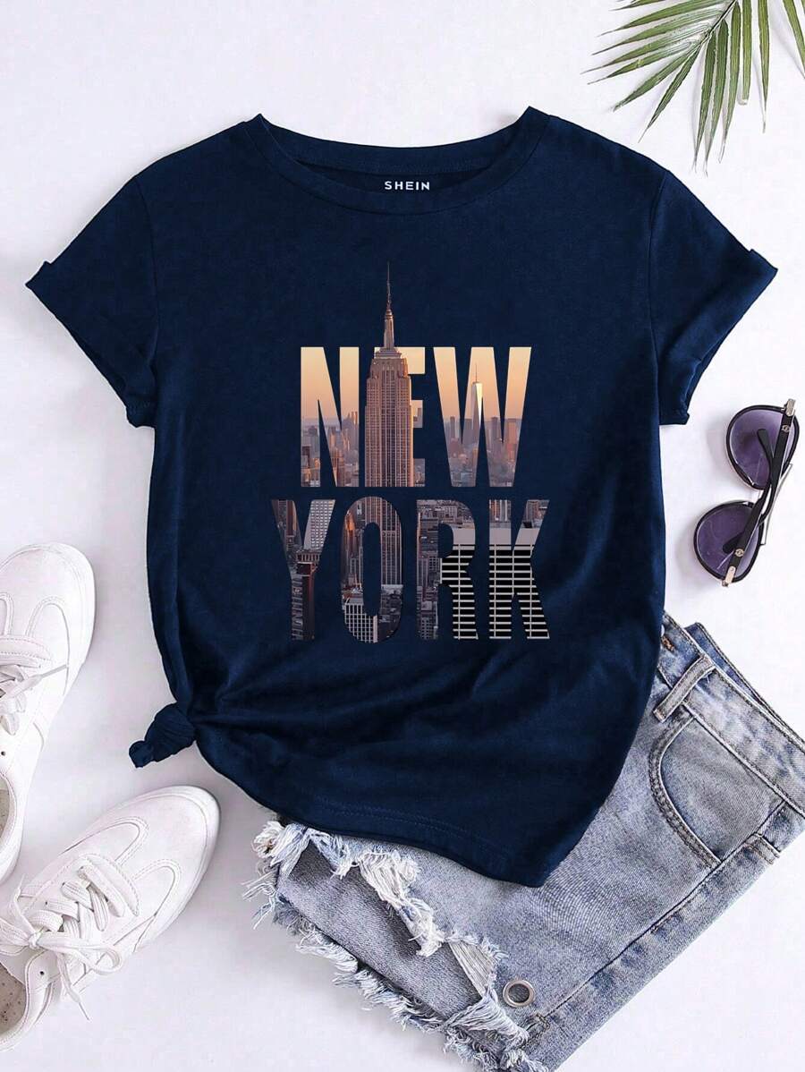 Calvaya Ladies Casual Monogram T-Shirt, Suitable For Summer Graphic Tees Women Tops - Navy Blue - View 1