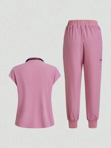 TaskEZ Conjunto de uniforme de enfermería con blusa y pantalón de unicolor de manga corta - Rosa - View 2