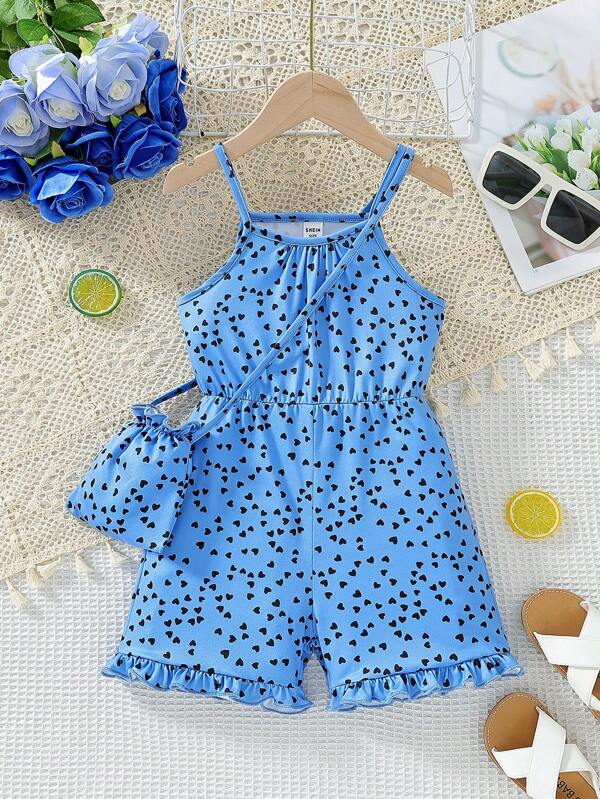 Young Girl Summer Beach Playsuit With Heart Print, Spaghetti Strap And Elastic Waist, For Season Transition And Holiday