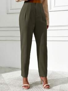 EURMUSE Solid Color High Waist Long Pants - Dark Green - View 4