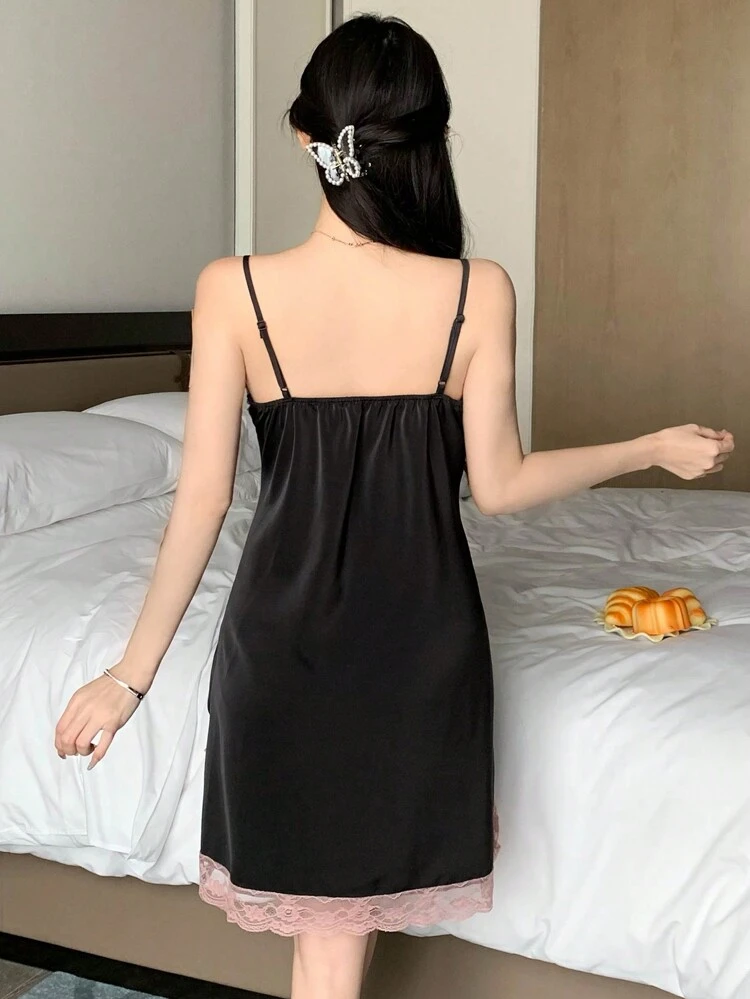 Women's Fashion Satin Cami Dress With Lace Splicing, Color Blocking And Pleated Design Pajama