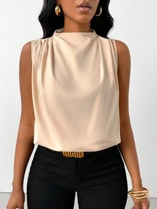 SHEIN Slayr Mùa hè thường ngày màu trơn cổ đứng áo sơ mi áo xếp ly không tay, màu trơn, cổ áo đứng, không tay, xếp li, áo crop top mùa hè, trang phục mùa hè - Màu Khaki - Xem 3