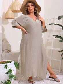 Swim Lushoire Đầm xẻ cổ chữ V màu trơn cỡ lớn - Màu Khaki - Xem 5