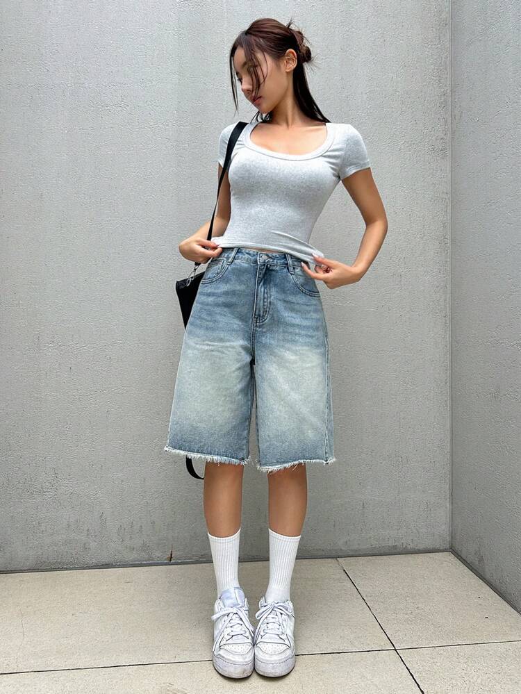 Women's Frayed Hem Casual Denim Shorts With Pockets Jorts