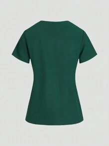 TaskEZ 純色V領短袖上衣和褲子護理制服套裝 - 綠色 - 查看 9