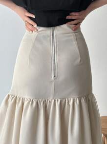 FRIFUL Women's Solid Color Casual Ruffle Hem Skirt - Apricot - View 6