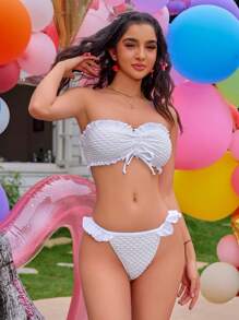 Swim Mod Women's Summer Beach Solid Color Ruffle Bandeau Bikini Set, Removable Padded Bra Cups, Special Fabric - White - View 3