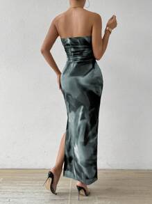 Rafferiza 女士夏季扎染印花露肩休闲优雅连衣裙，下摆开衩，超长款女士服装 - 灰色 - 查看 2