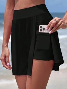 女式高腰泳裤短裤带口袋纯色比基尼泳裤泳装现代泳裙夏季沙滩装