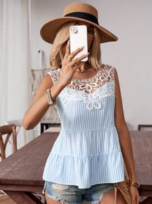 SHEIN Clasi Camisa diaria sin mangas para mujer con impresión aleatoria - Azul y blanco - Ver 6